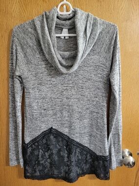 Vanity Grey Cowl Neck Sweater with Black Lace Trim